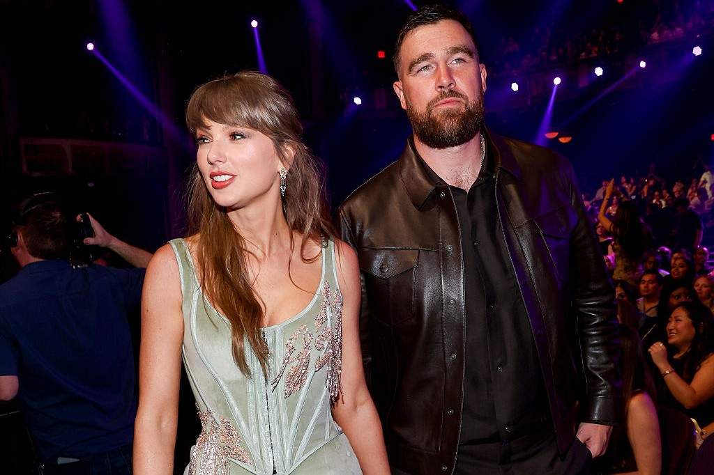 Taylor Swift and Travis Kelce at the 2026 iHeartRadio Music Awards held at Dolby Theatre on March 26, 2026 in Los Angeles, California.