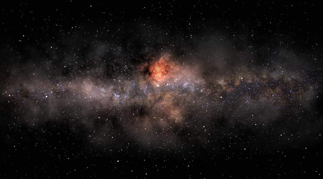 Panoramic image of the Milky Way galaxy with a vivid red-orange nebula illuminating its dense star field. The deep cosmic dust, dark space, and millions of stars create a breathtaking view of the universe — perfect for astronomy, sci-fi, or fantasy designs.