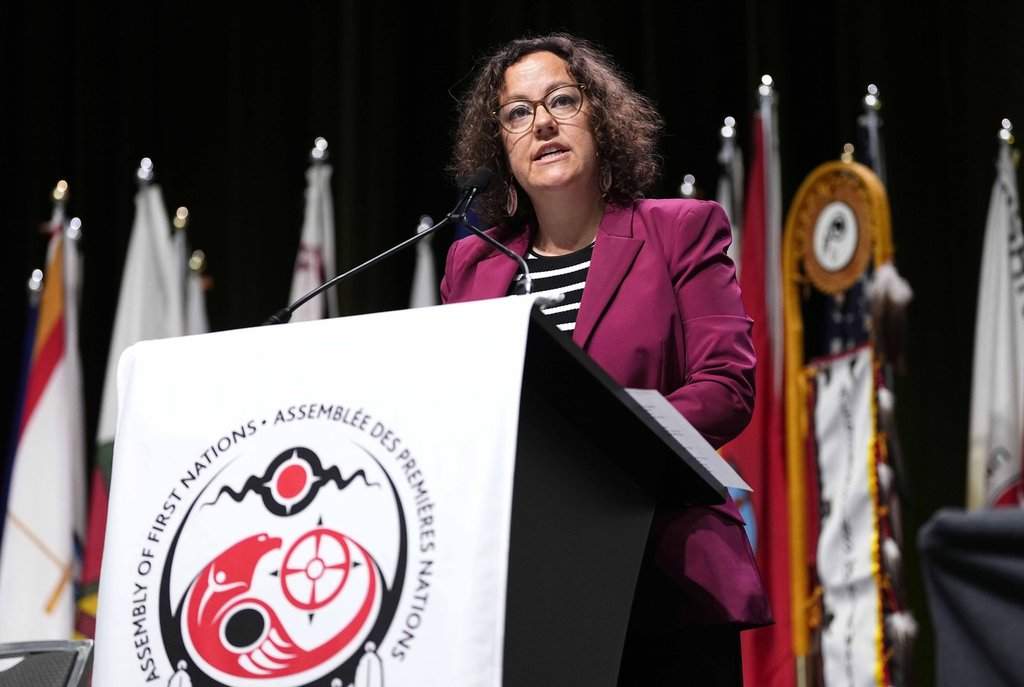 Crown-Indigenous Relations Minister Rebecca Alty delivers remarks at the Assembly of First Nations annual meeting in Ottawa on Thursday, July 16, 2026. THE CANADIAN PRESS/Justin Tang.