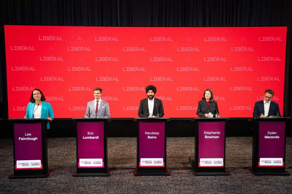 From left, Ontario Liberal Party leadership candidates Lee Fairclough, Eric Lombardi, Navdeep Bains, Stephanie Bowman and Dylan Marando before the Ontario Liberal leadership debate in Brampton, Ont., on Monday, Aug. 10, 2026. THE CANADIAN PRESS/Arlyn McAdorey.