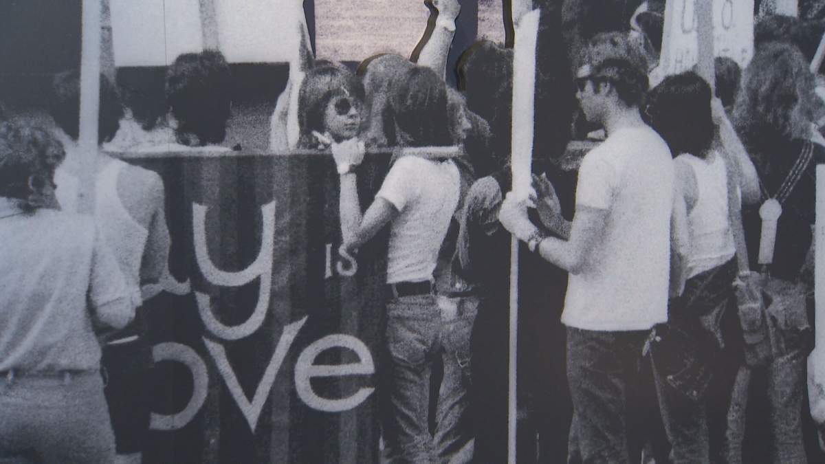 An image in a display marking the LGBT Purge at the Canadian Museum for Human Rights in Winnipeg.