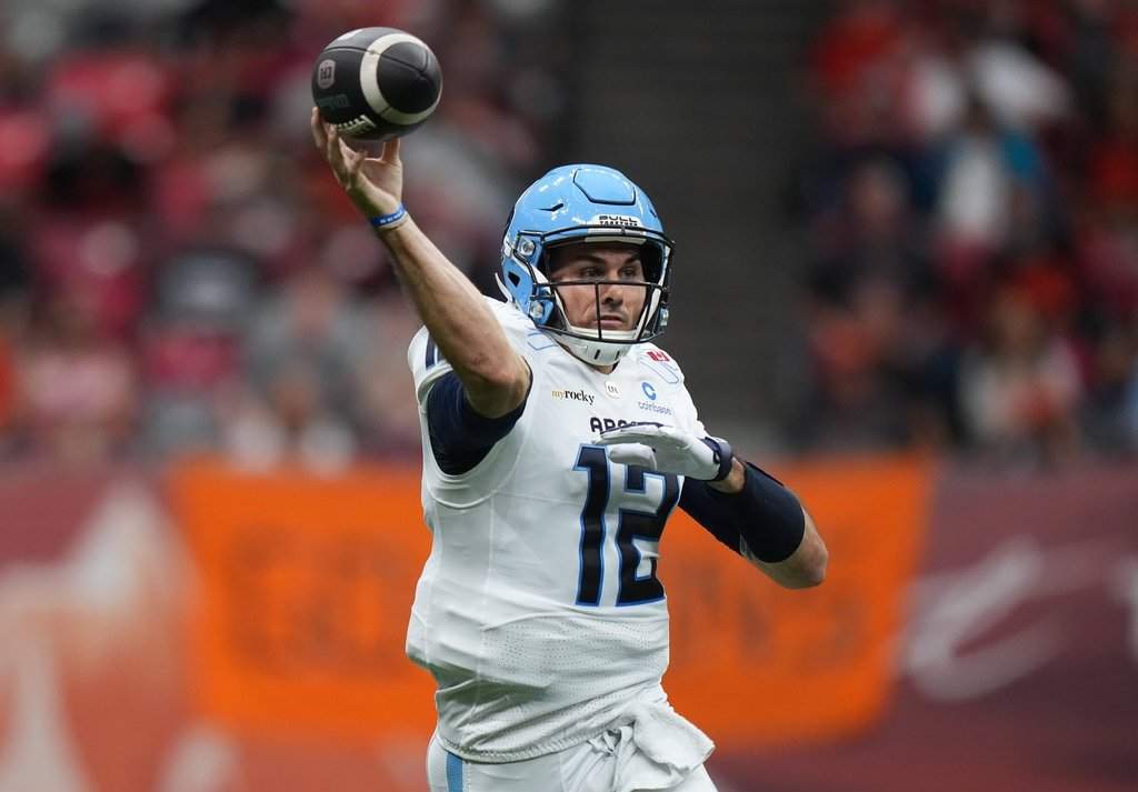 Toronto Argonauts quarterback Chad Kelly passes during the first half of a CFL football game against the B.C. Lions in Vancouver, on Saturday, July 25, 2025. THE CANADIAN PRESS/Darryl Dyck.