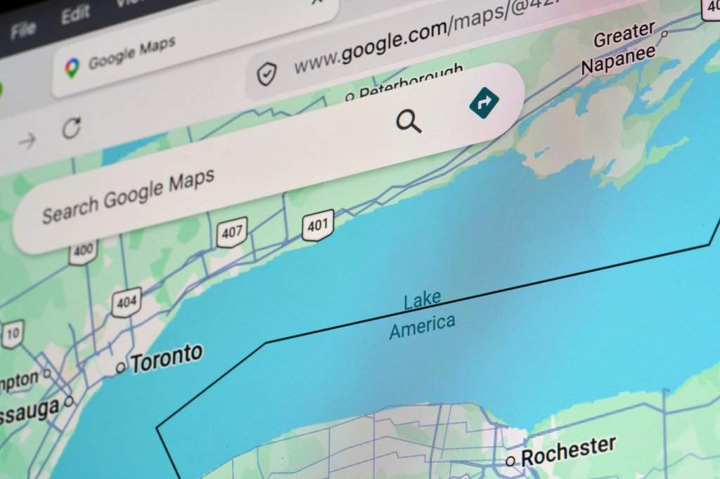 In the photo of a computer screen, a Google map showing Lake Ontario renamed as Lake America is seen Sunday, Aug. 30, 2026, in St. Louis.