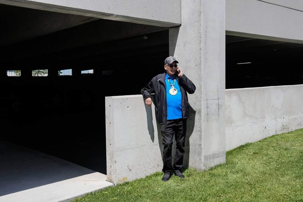 Chief Gary Quisess of Neskantaga First Nation organizes help for his community while at the Toronto hotel that served as a temporary home for many people evacuated from Neskantaga while wildfires ravaged parts of northern Ontario on Thursday, July 23, 2026.