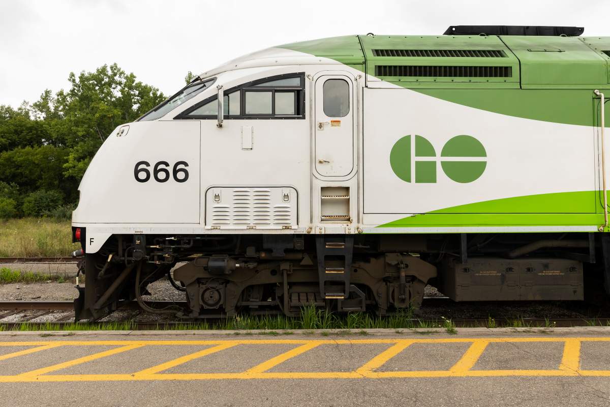 A GO Transit train sits parked at the Niagara Falls Train Station, Aug. 26, 2022.