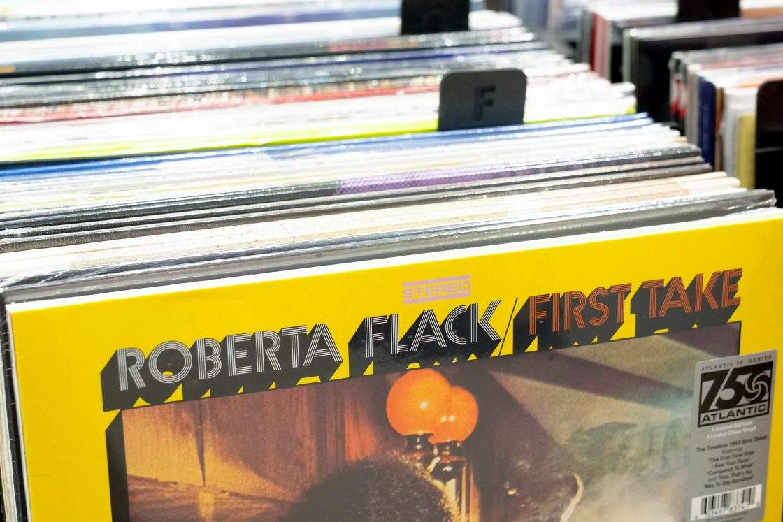 Vinyl records stand on display at an  Indigo store  in Toronto,  on Thursday  October 26, 2023. 