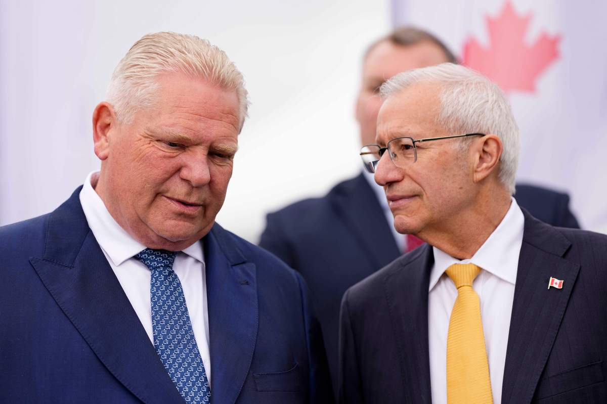 Premier of Ontario Doug Ford and Vic Fedeli, Ontario Minister of Economic Development, Job Creation and Trade, participate in a news conference at the Canadian Association of Defence and Security Industries annual defence industry trade show CANSEC, in Ottawa, on Thursday, May 28, 2026. 