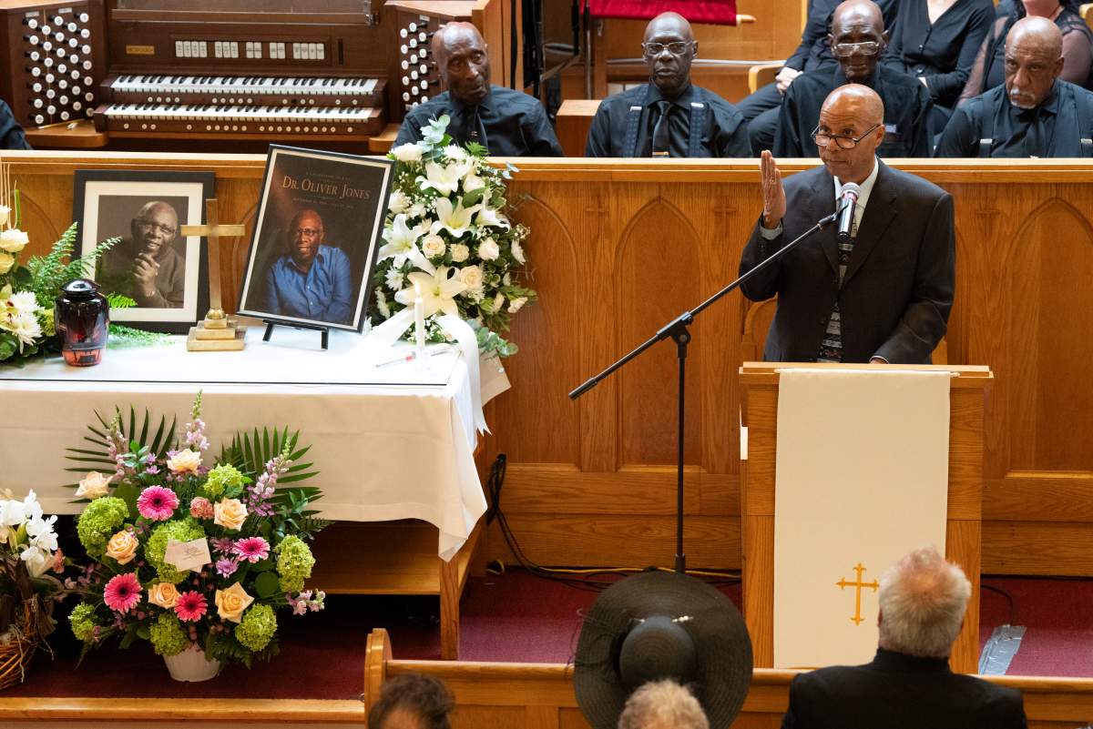 Richard Jones eulogizes his father during the funeral of Quebec jazz musician Oliver Jones at Union United Church in Montreal on Thursday, Aug. 20, 2026. The award-winning pianist died July 22 at age 91.