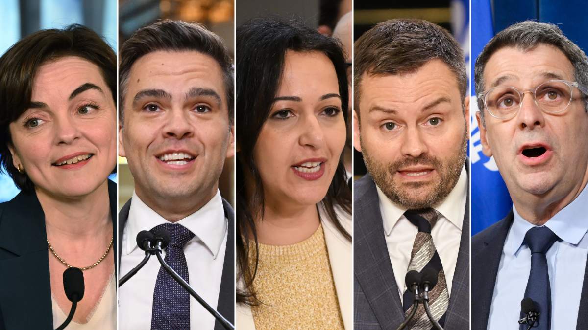 This composite image shows, left to right, Coalition Avenir Quebec Leader Christine Frechette on April 13, 2026; Quebec Liberal Party Leader Charles Milliard on June 12, 2026; Quebec Solidaire Leader Ruba Ghazal on Friday, June 12, 2026; Parti Quebecois Leader Paul St-Pierre Plamondon on June 12, 2026 and Quebec Conservative Leader Eric Duhaime on Sept. 24, 2025.
