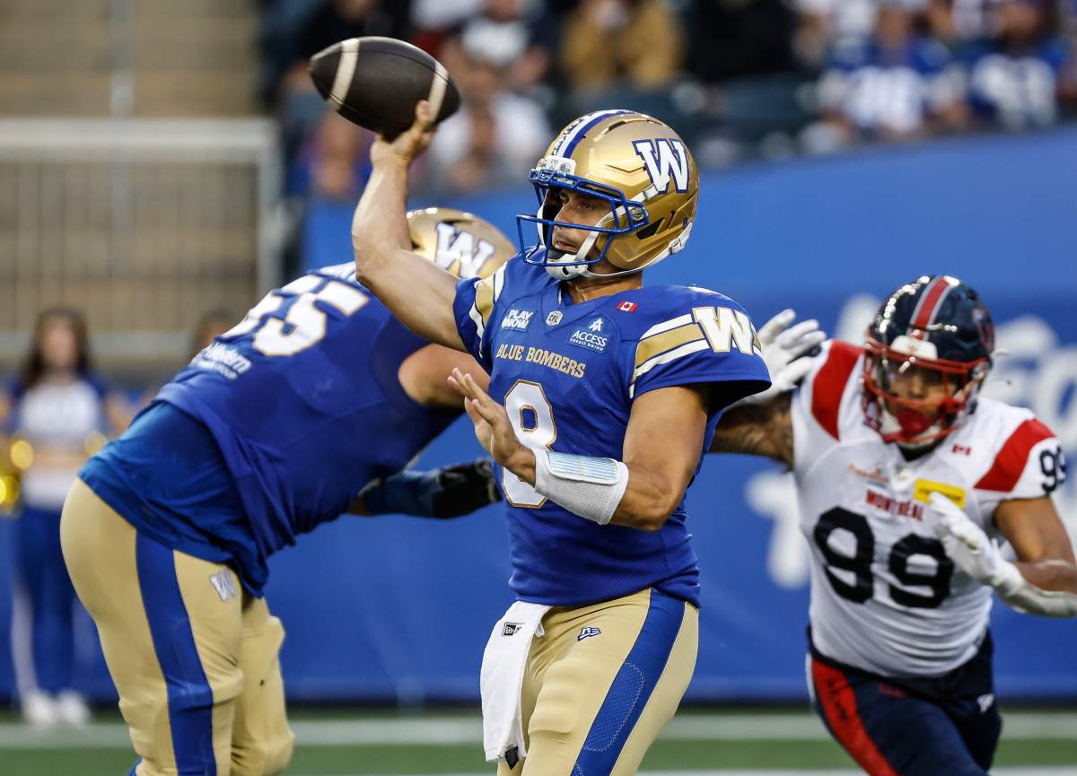 Winnipeg Blue Bombers quarterback Zach Collaros (8) throws during first half CFL football action against the Montreal Alouettes in Winnipeg on Friday, August 28, 2026. THE CANADIAN PRESS/John Woods.