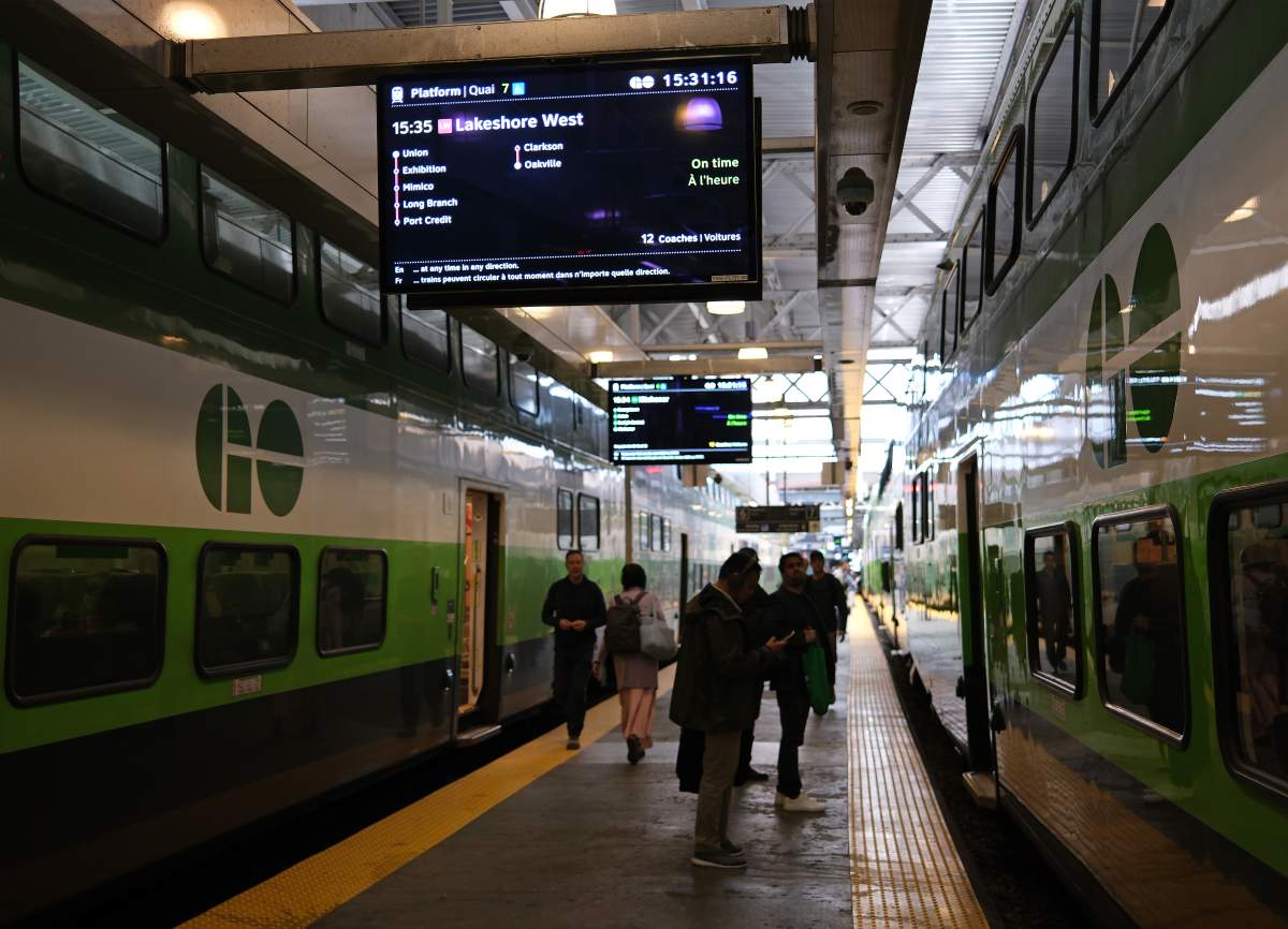 GO trains are pictured in Union Station in Toronto on May 4, 2026.