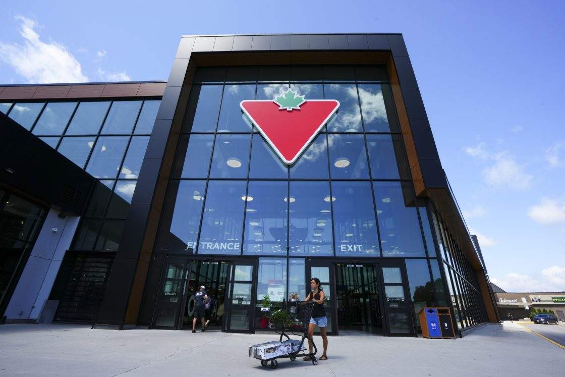 FILE - Shoppers come and go from a Canadian Tire store in Ottawa on Aug. 11, 2023.