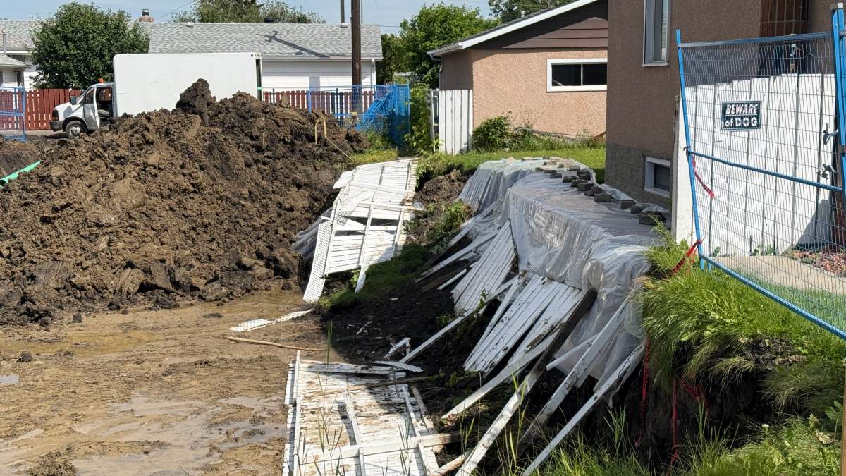 The aftermath of a severe storm at an excavation site in the Lauderdale neighbourhood of north Edmonton on Tuesday, August 4, 2026.