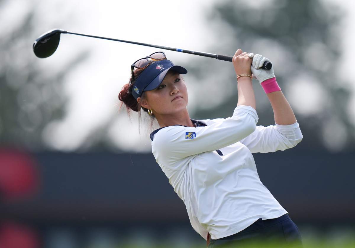 Michelle Xing, of Canada, watches her tee shot on the 10th hole during the final round at the LPGA CPKC Canadian Women’s Open golf tournament, in Edmonton, on Sunday, Aug. 23, 2026.