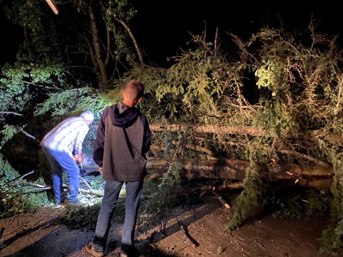 Local residents attempting to clear downed trees after a severe thunderstorm swept across the Lac La Biche region on Aug. 1,2026, leaving a swath of destruction in the Lakeland Provincial Recreation Area and blocking a trail near Seibert Lake.