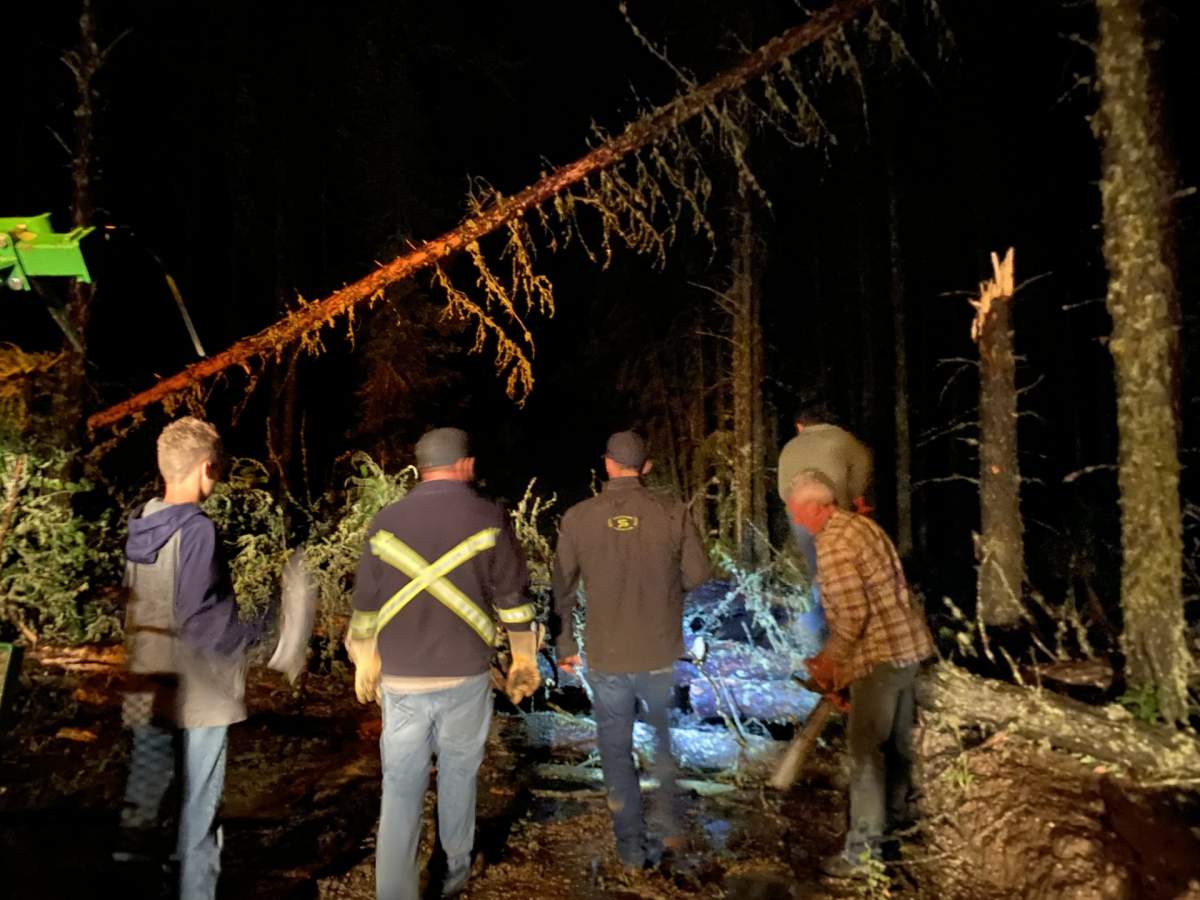 Local residents attempting to clear downed trees after a severe thunderstorm swept across the Lac La Biche region on Aug. 1,2026, leaving a swath of destruction in the Lakeland Provincial Recreation Area and blocking a trail near Seibert Lake.