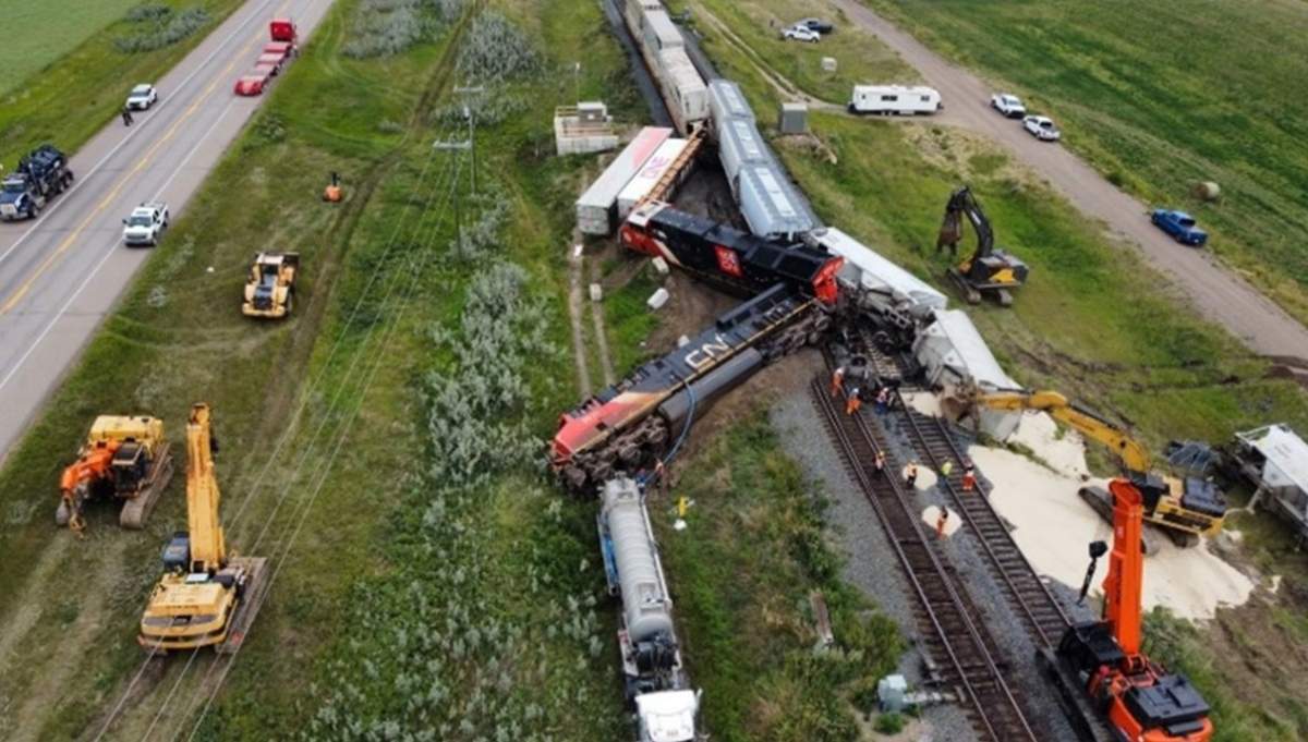 A Canadian National Railway trail derailment near Wainwright, Alta. on Aug. 8, 2023.