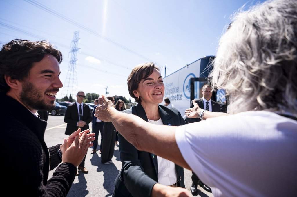 Coalition Avenir Québec Leader Christine Frechette greets supporters during an election campaign stop in Terrebonne, Que., on Monday, Aug. 31, 2026. Quebec votes in a provincial election on Oct. 5, 2026.