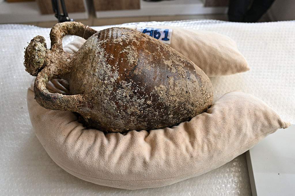 FILE: A view of the 1,100 year old, closed-mouth amphora (a jug used in ancient times) that was removed from a shipwreck during underwater excavations carried out with the help of robots off the coast of Kas, Antalya on April 22, 2025 in Antalya, Turkiye.