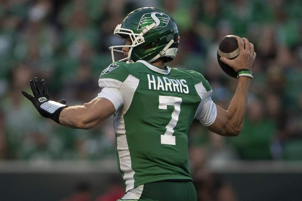 Saskatchewan Roughriders quarterback Trevor Harris (7) looks to make a pass during first half CFL football action against the Ottawa Redblacks in Regina on Friday, Aug. 7, 2026. THE CANADIAN PRESS/Kayle Neis.