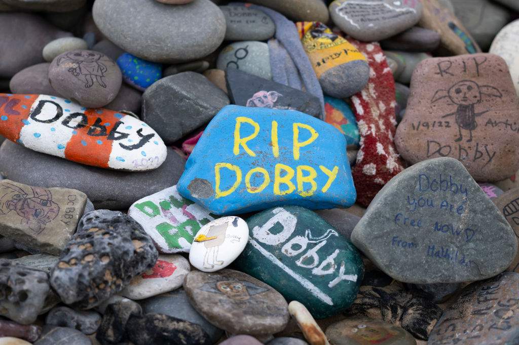 A close-up of painted stones left at a memorial in tribute to Dobby, a fictional house elf from the Harry Potter fantasy novels and films, at Freshwater West beach on November 6, 2022 in Castlemartin, United Kingdom.
