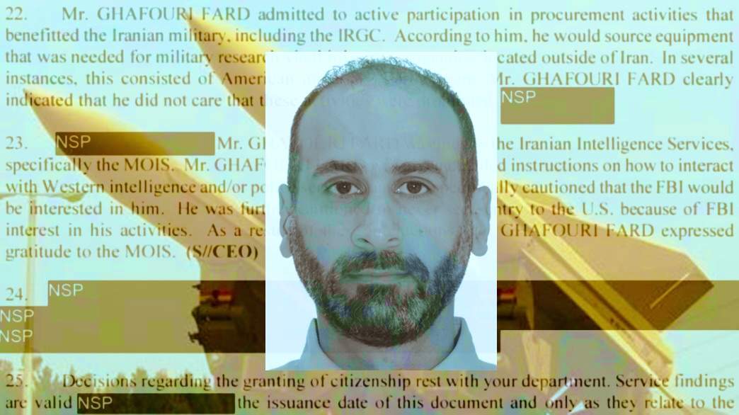 CSIS report on Mohammad Reza Ghafouri Fard, overlaid with image of Shahin missile system he allegedly helped develop.