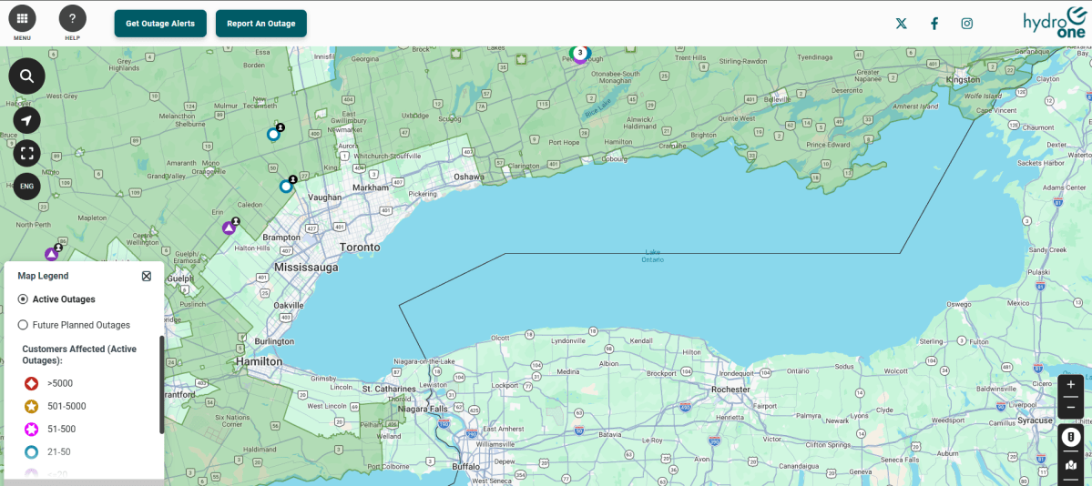 The Hydro One outage map shows Lake Ontario after a fix was made to its mapping application.