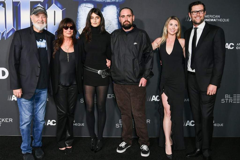 Rob Reiner, from left, Michele Singer Reiner, Romy Reiner, Nick Reiner, Maria Gilfillan, and Jake Reiner arrive at the premiere of 'Spinal Tap II: The End Continues' on Tuesday, Sept. 9, 2025, at The Egyptian Theatre Hollywood in Los Angeles.