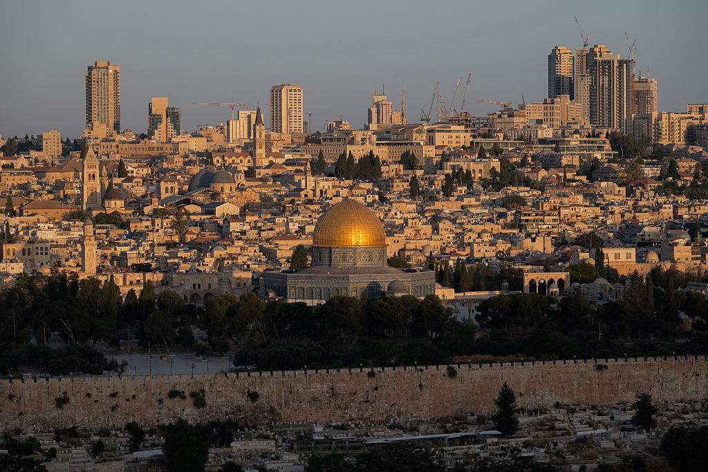 The Dome of the Rock at the Al-Aqsa Mosque compound is seen from the Mount of Olives on August 5, 2026 in Jerusalem.