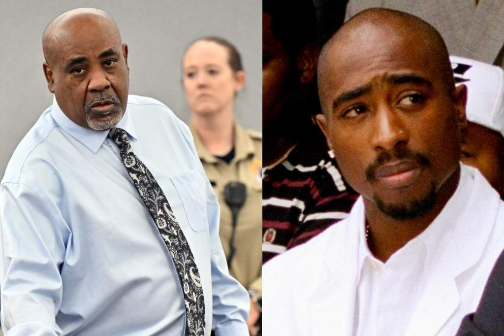 (L-R:) Duane 'Keffe D' Davis arrives for his murder trial, related to the 1996 killing of rapper Tupac Shakur, at Clark County District Court at the Regional Justice Center in Las Vegas, on Wednesday, Aug. 19, 2026 and rapper Tupac Shakur attends a voter registration event in South Central Los Angeles, Aug. 15, 1996.