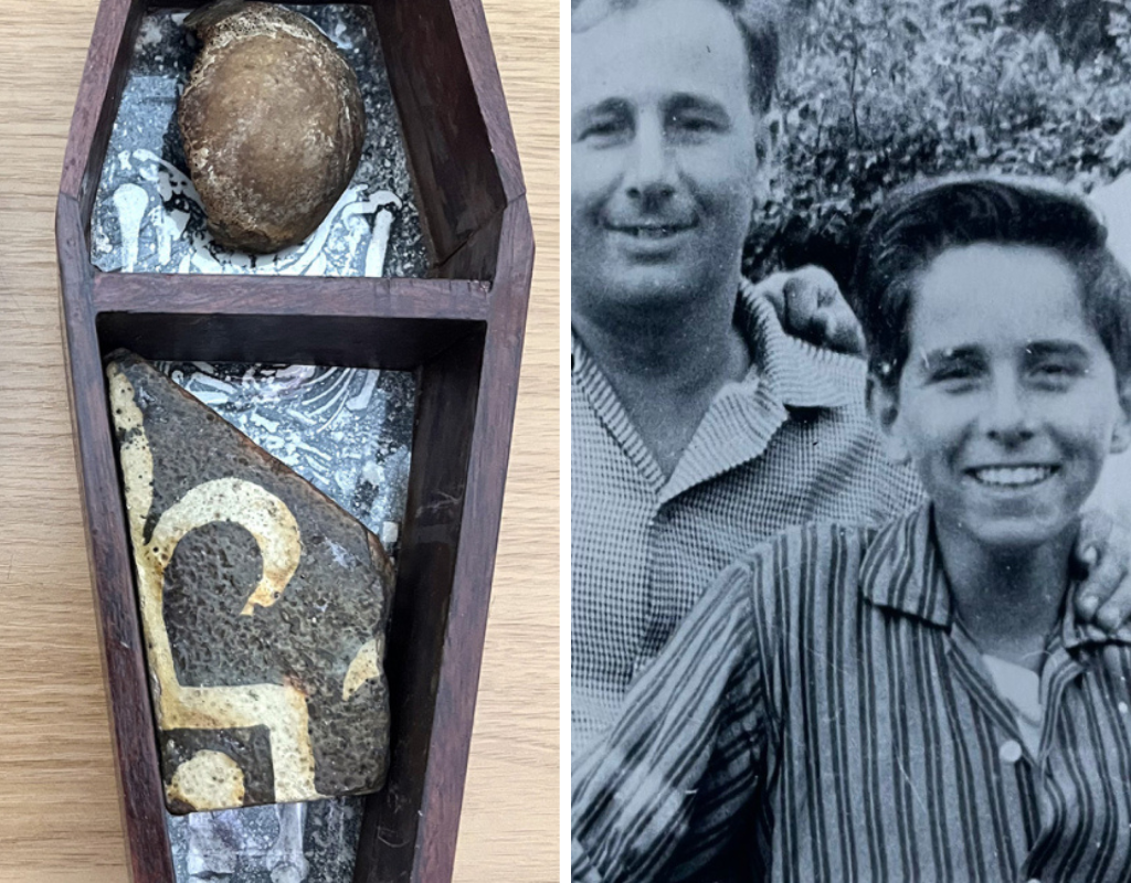 Left: The kneecap and floor tile fragment in a box created by George. Right: George, aged 13, with his father, c1958 - a couple of years after his visit to the Abbey