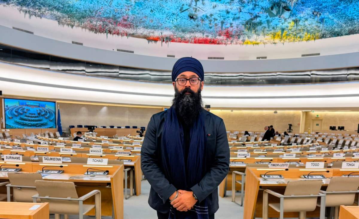 Canadian Sikh activist Moninder Singh at the UN Human Rights Council room in Geneva.