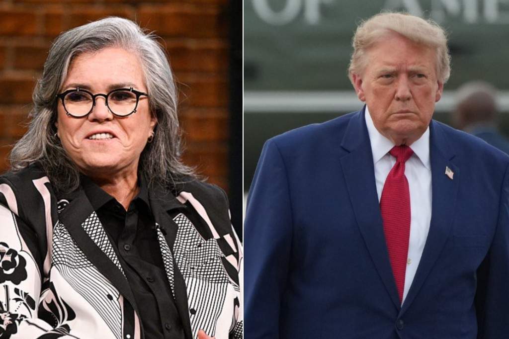 (L-R:) Rosie O'Donnell during an interview with Seth Meyers on July 23, 2026 and U.S. President Donald Trump walks from Marine One to board Air Force One at Cleveland Hopkins International Airport in Cleveland, Tuesday, Aug. 11, 2026.