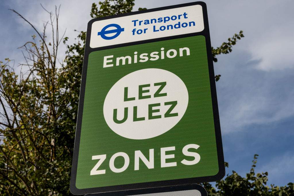 A Transport for London LEZ (Low Emission Zone) and ULEZ (Ultra Low Emission Zone) sign is pictured in Harefield on 26th September 2023 in London, United Kingdom.