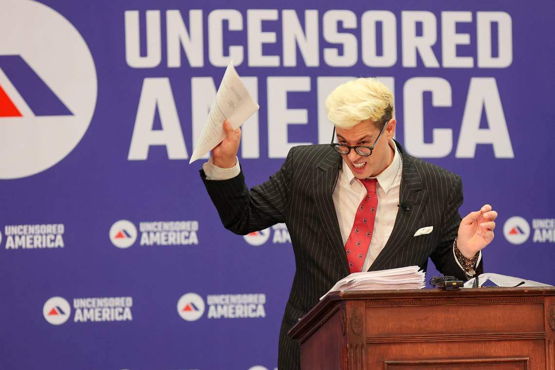 September 19, 2024: Milo Yiannopoulos speaks during a roast of Kamala Harris at the University of South Carolina Russel House on Sept. 18, 2024. 