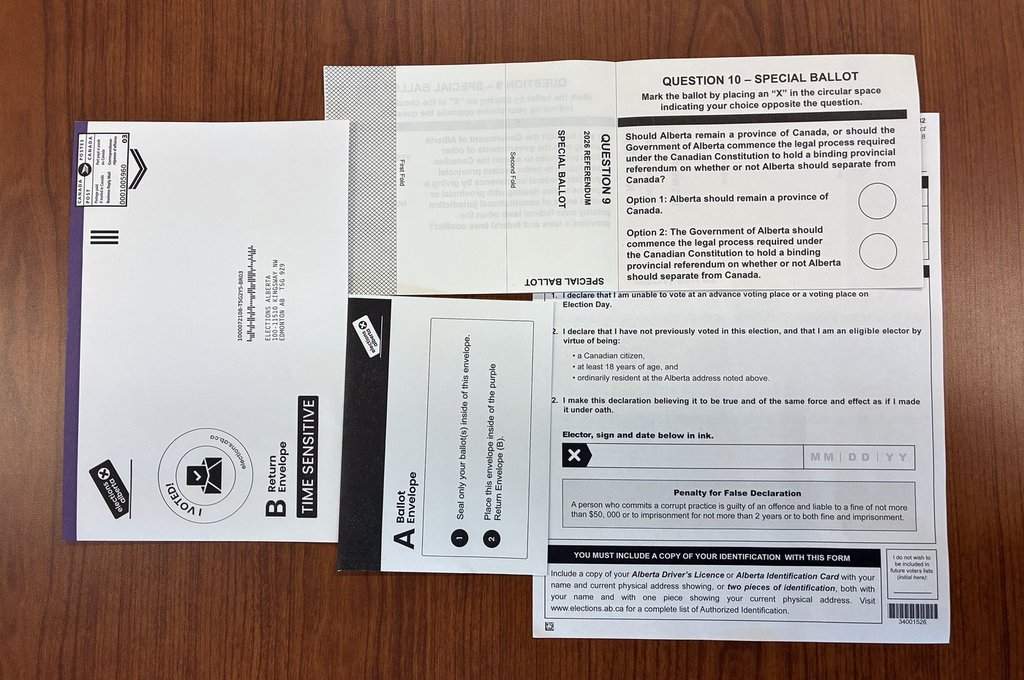 Alberta referendum mail-in ballot package seen in Edmonton on Wednesday Sept. 9, 2026.
