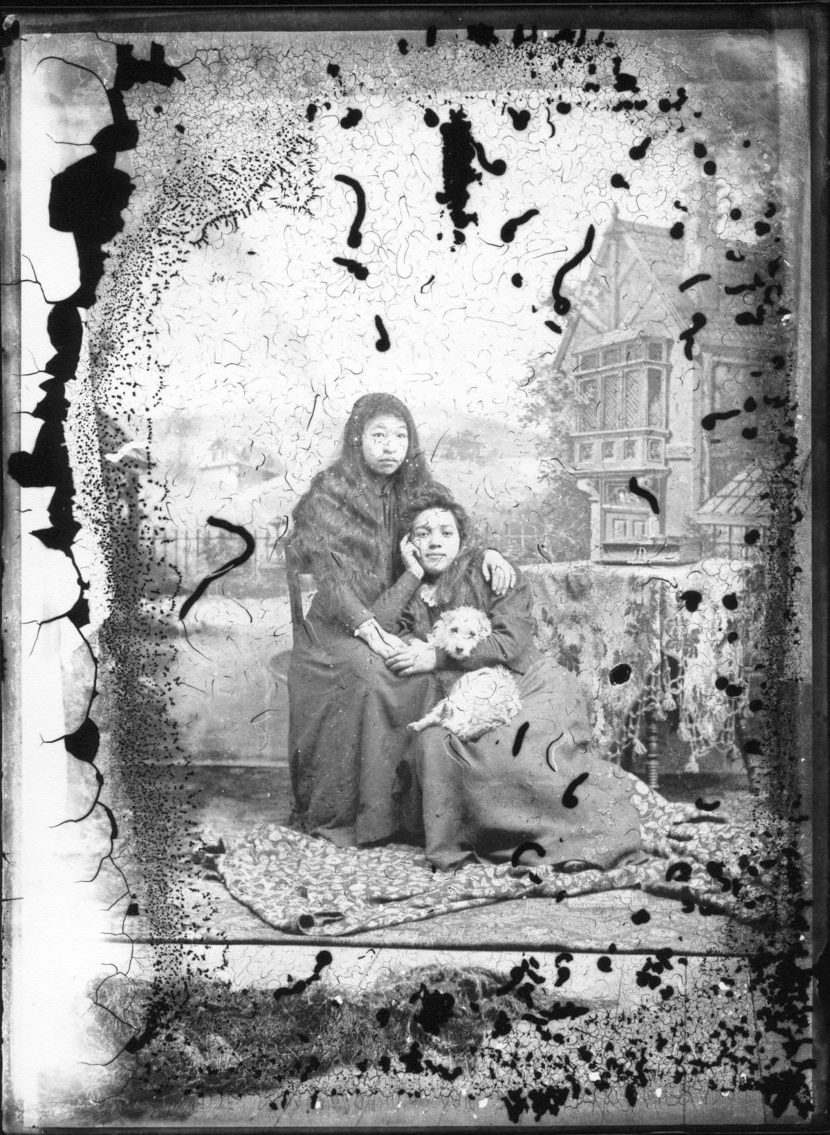 Two First Nations girls possibly holding a Salish Woolly Dog. Photo taken in Chilliwack by James Booen, 1895-97. Photograph courtesy of the Chilliwack Museum and Archives [1963.015.025].