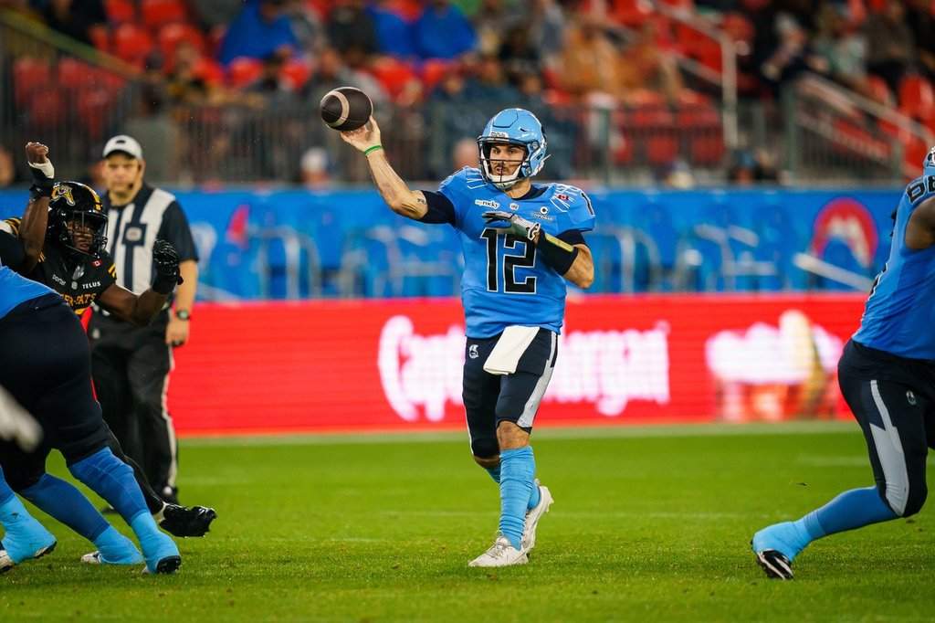 Toronto Argonauts quarterback Chad Kelly (12) throws the ball against the Hamilton Tiger-Cats during first-half CFL action in Toronto on Saturday, Aug. 22, 2026. THE CANADIAN PRESS/Keito Newman.