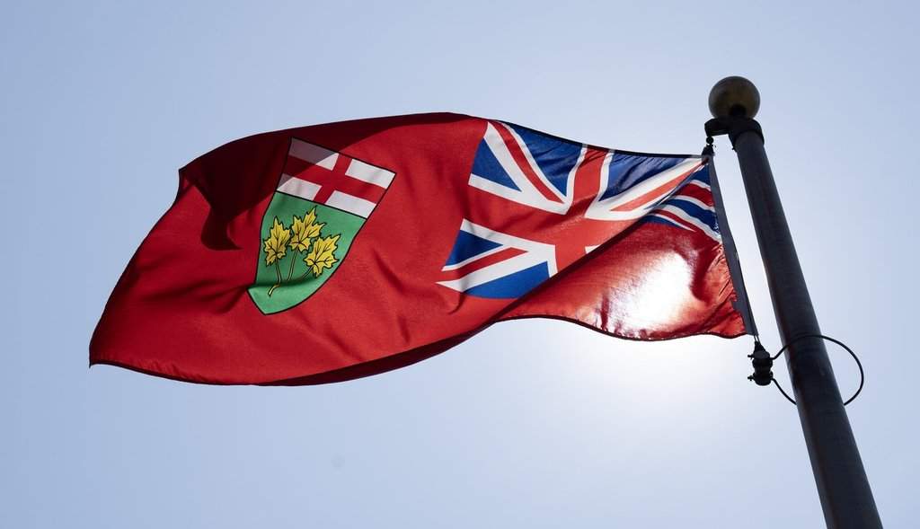 The Ontario provincial flag flies on a flag pole in Ottawa, Friday, July 24, 2026 in Ottawa. 