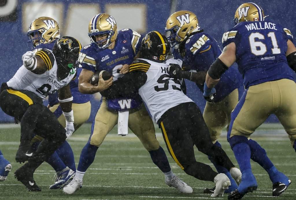 Winnipeg Blue Bombers quarterback Zach Collaros (8) gets sacked by Hamilton Tiger-Cats' Julian Howsare (95) during second half CFL football action in Winnipeg on Thursday, June 11, 2026. THE CANADIAN PRESS/John Woods.