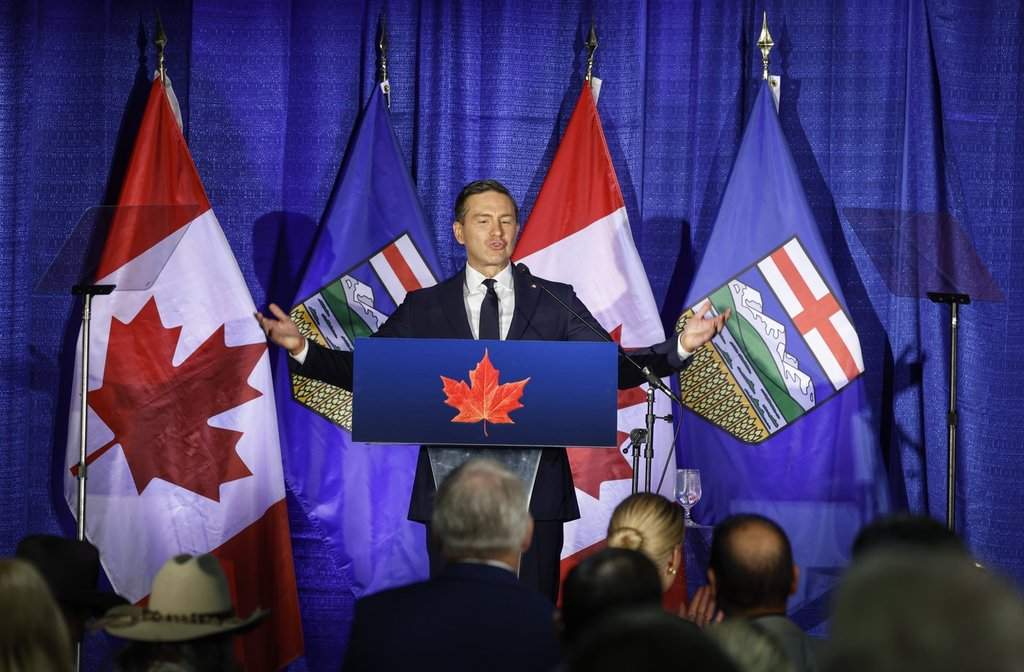 Conservative Leader Pierre Poilievre delivers a speech on national unity in Calgary, Monday, June 8, 2026. 