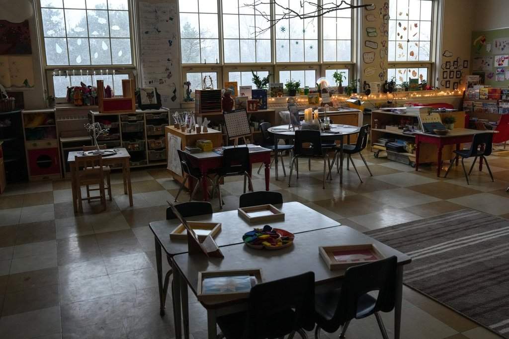 An empty classroom is seen at an elementary school in Toronto on Tuesday, January 9, 2024. 