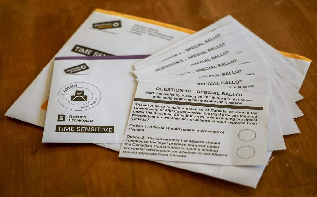 Alberta referendum mail-in special ballots are seen in Calgary, Thursday, Sept. 24, 2026.