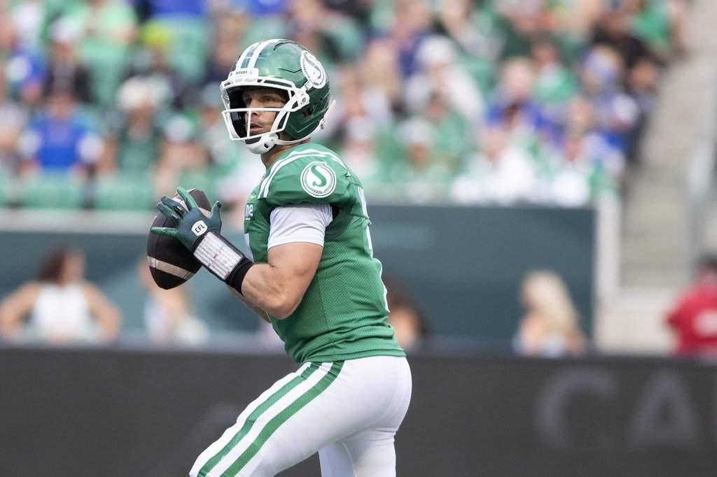 Saskatchewan Roughriders quarterback Trevor Harris looks to make a pass during first-half CFL action against the Winnipeg Blue Bombers in Regina on Sept. 6, 2026. THE CANADIAN PRESS/Kayle Neis.