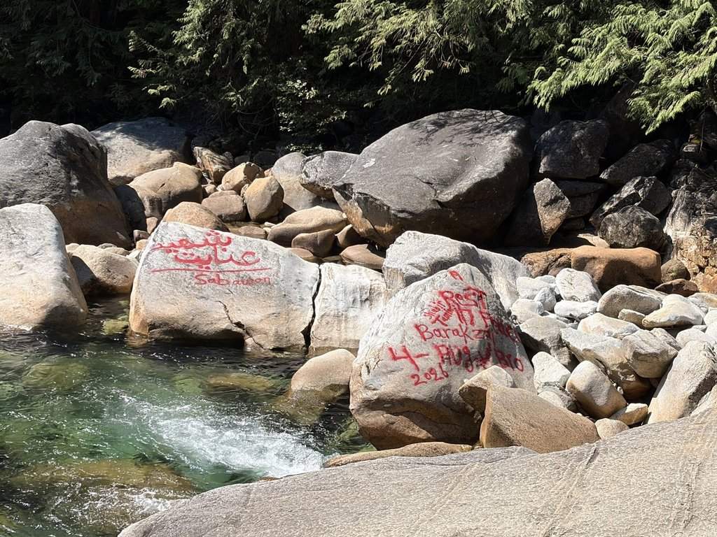 Graffiti vandalism is shown at Golden Ears Provincial Park in Maple Ridge, B.C. on Monday Aug. 24, 2026. 