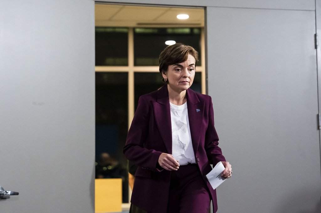Coalition Avenir Quebec Leader Christine Frechette arrives to a press conference following an election debate in Montreal, on Wednesday, Sept. 16, 2026.