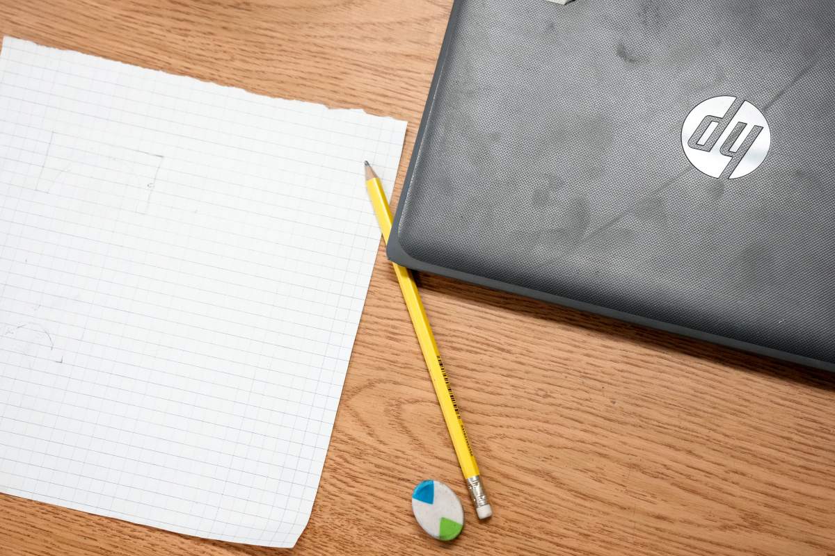 A student's laptop sits on their desk at an elementary school on Tuesday, January 9, 2024.