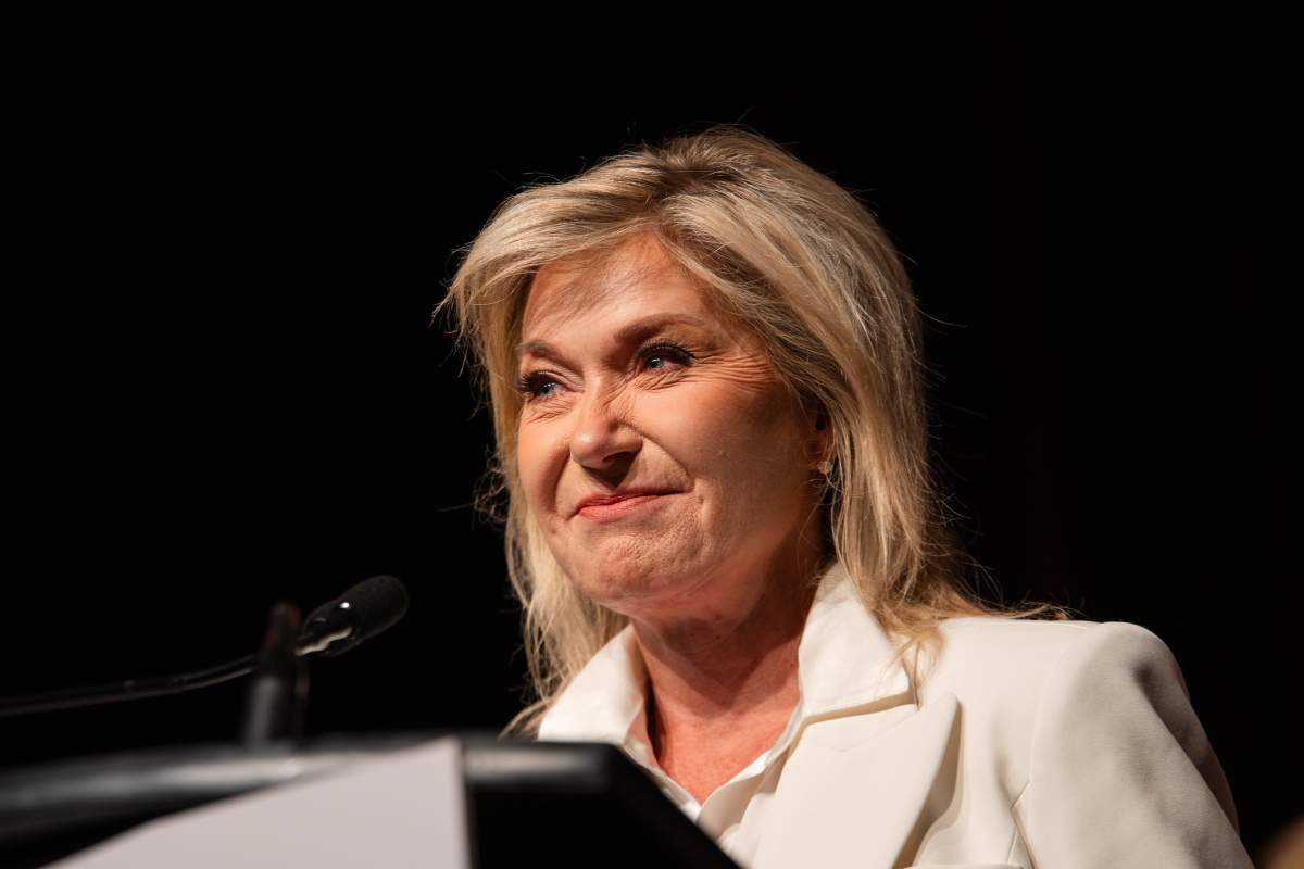 Ontario Liberal Leader Bonnie Crombie speaks after winning 57 per cent of the vote in a leadership review at the Ontario Liberal Party annual general meeting on Sunday, Sept. 14, 2025. 