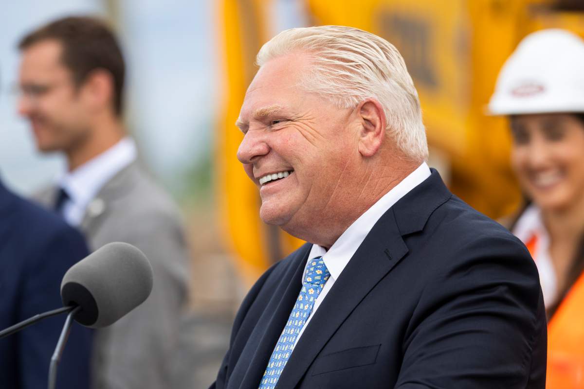 Ontario Premier Doug Ford speaks to media at a housing development in Hamilton, on Monday, Aug. 24, 2026. 