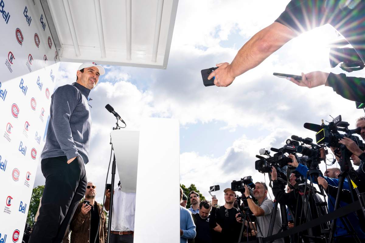 Montreal Canadiens’ Chris Kreider speaks to media during the team’s annual golf tournament, in Laval, Que., on Monday, Sept. 14, 2026.